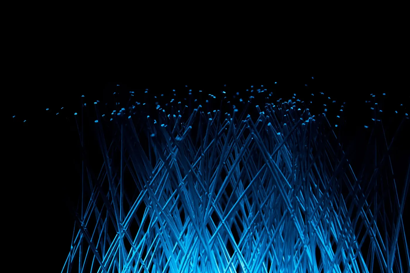 Fibre ottiche accese di blu su fondo nero