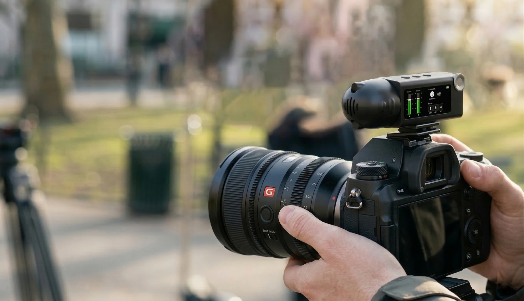 Visualizzazione completa di Mico montato sulla fotocamera durante una ripresa